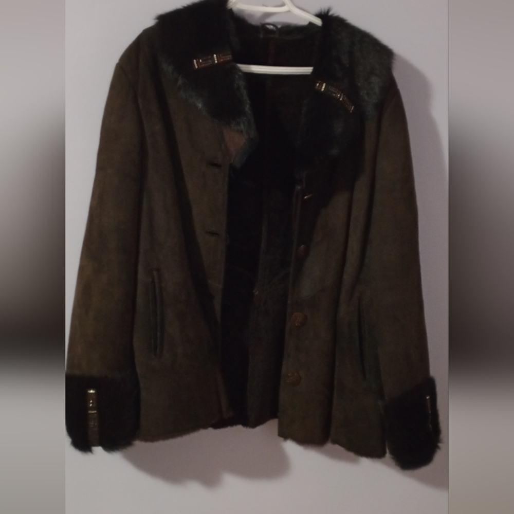 Brown Suede Coat with Black Fur Trim